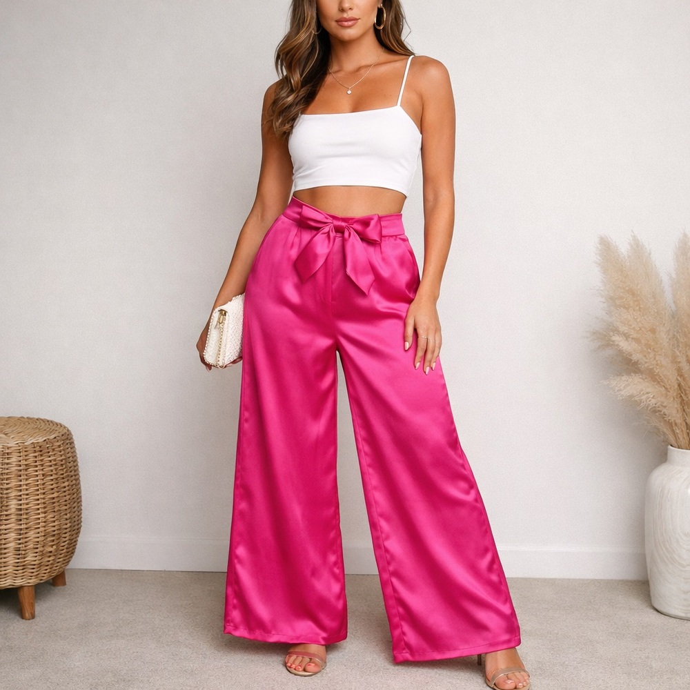 Lulus Hot Pink Satin Palazzo Pants Wide Leg Tie Waist Wedding Guest Party Mβ *